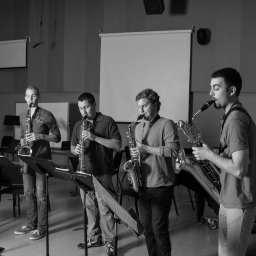The S3J Quartet members include Matt Kobberstad, �15, soprano saxophone; Mike Mitrovich, �15, alto saxophone; Karsten Wimbush, tenor saxophone; and Kevin Bays, baritone saxophone. Photo by Lauren Loria