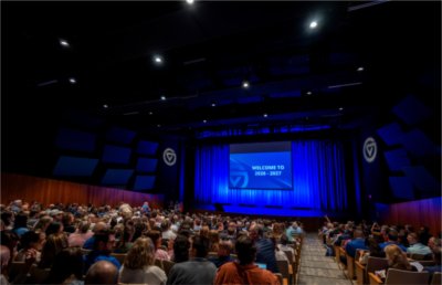 Faculty and staff gather in the Louis Armstrong Theatre in anticipation of the University Address to launch the 2026-2027 academic year. 