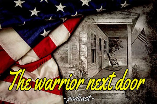 Podcast image with wording: "The warrior next door" and "podcast." A flag, house, porch and rocking chair is shown.