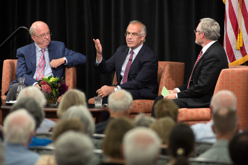 Ronald C. White, left; David Brooks, center; and Hauenstein Center director Gleaves Whitney, right.