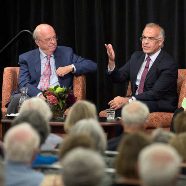 Ronald C. White, left; David Brooks, center; and Hauenstein Center director Gleaves Whitney, right.