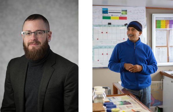 at left, headshot of Cáel M. Keegan and at right, Bopi Biddanda stands in the AWRI facility 