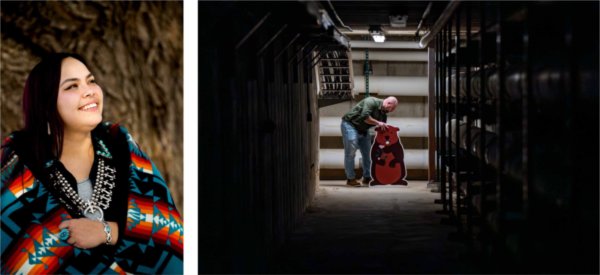  Left: a person wearing a colorful shaw and silver jewelry smiles. Right: A person bends over to prop up a cardboard cutout of a groundhog. 