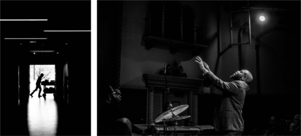 Left: a person is silhouetted as they push a cart through the hallway of a building. Right: A person raises their hands as they conduct musicians in a theatre. 