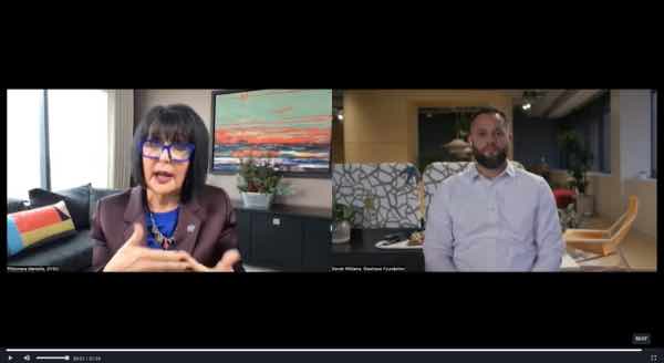 Screenshot of Grand Valley President Philomena Mantella speaking with Daniel Williams on a video conference