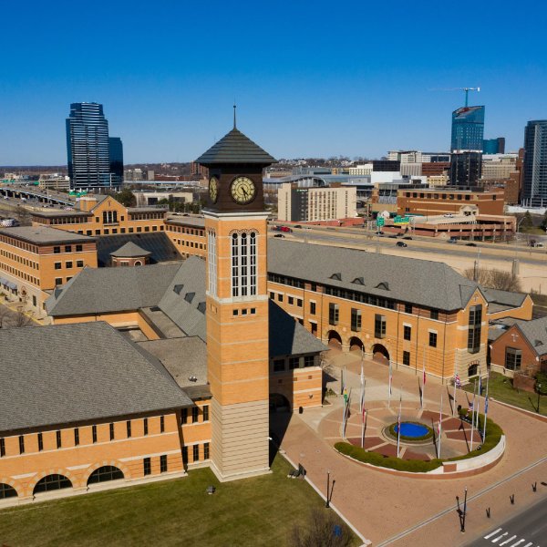 drone photo of Pew Grand Rapids Campus, with downtown Grand Rapids in background