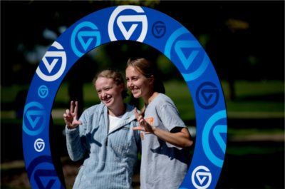  Nursing student Madeline Daniel, left, and graphic design student Sophia Feldpausch pose for a photo during the gvsYOU debut brand launch event at the Cook Carillon Tower September 30. 