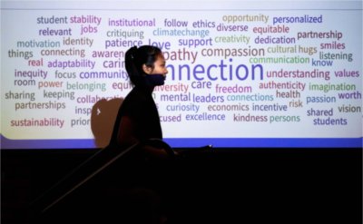 A student stands in front of a projected screen with a word map. The word "connection" is large and inn the middle.