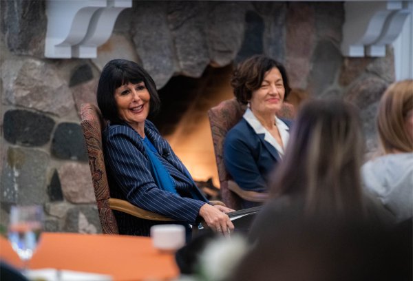 President Philomena V. Mantella and Provost and Executive Vice President for Academic Affairs Fatma Mili  react to the question from an audience member during the President's Forum on October 25.