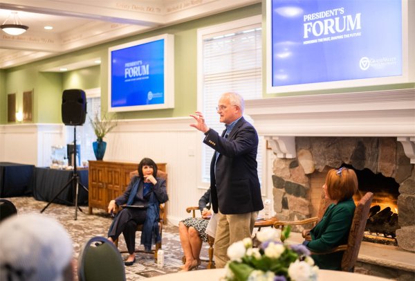 Bror Saxberg answers a question from an audience member during the President's Forum on October 25.