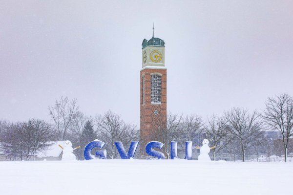 A snowy Cook Carillon Tower on GVSU's Allendale Campus