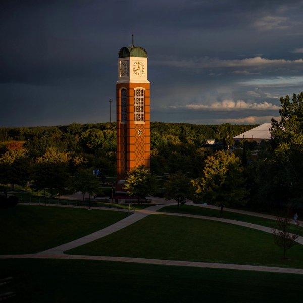 The carillon is bathed in light on the Allendale Campus.
