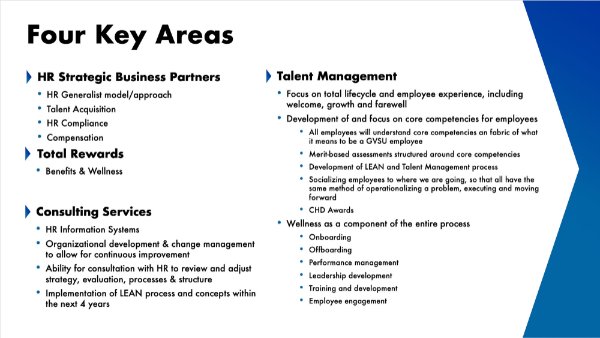 image of slide detailing four key areas: HR Strategic Business Partners, Consulting Services, Talent Management and Total Rewards