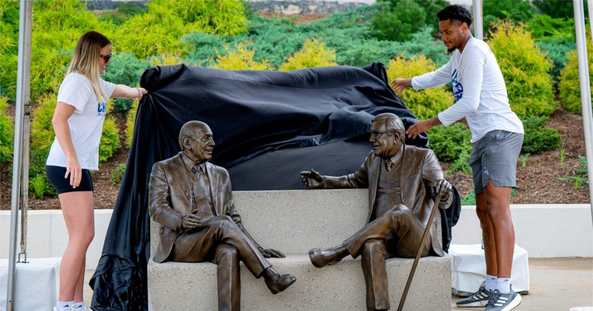 A monument to friendship and legacy: Sculpture of Finkelstein and Lubbers honors shared GVSU connection