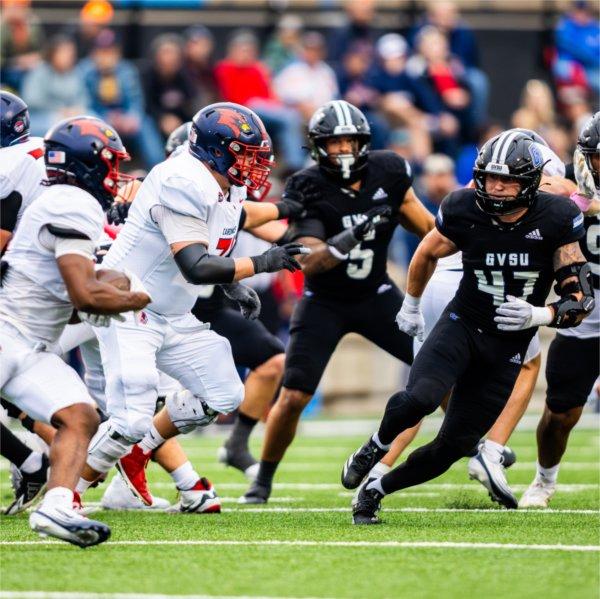 Grand Valley defensive back Jimmy Downs watches the play develop during the Battle of the Valleys game against Saginaw Valley State at Lubbers Stadium in Allendale, Michigan, on Oct. 18, 2025.
