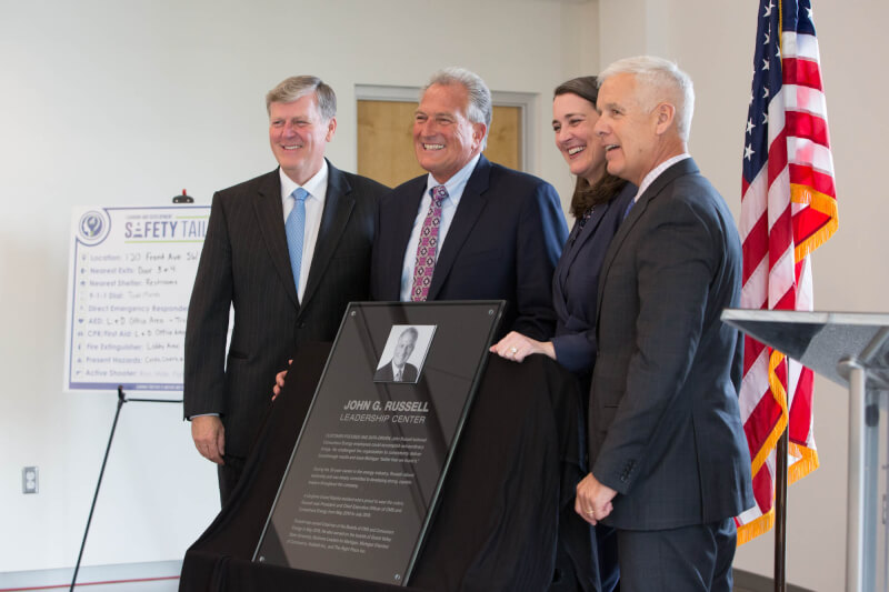 From left: GVSU President Thomas J. Haas; John Russell, Consumers Energy chairman of the Board; Patti Poppe, Consumers Energy president; David Mengebier, Consumers Energy senior vice president of Governmental, Regulatory and Public Affairs.