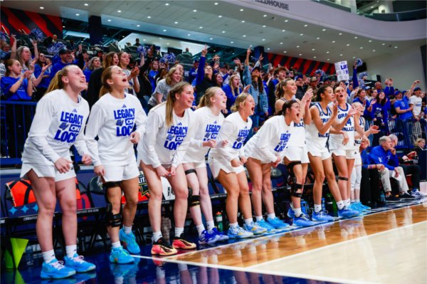 Members of the GVSU women&#8217;s basketball team react from the bench during the NCAA Division II National Championship on March 28 at UPMC Cooper Fieldhouse in Pittsburgh.