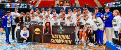 The GVSU women&#8217;s basketball team celebrates following the national championship game on March 28 at UPMC Cooper Fieldhouse.