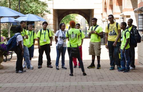Students take a break in the DeVos courtyard. 