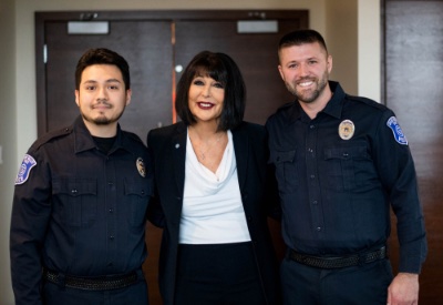 President Mantella flanked by new Grand Valley Police Officers Marco Rojas-Garcia and Tom Burns 