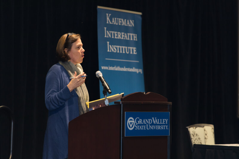 Jennifer Howe Peace, professor of interfaith studies at Andover Newton Theological School, presenting the Christian perspective to the conference's thematic question.