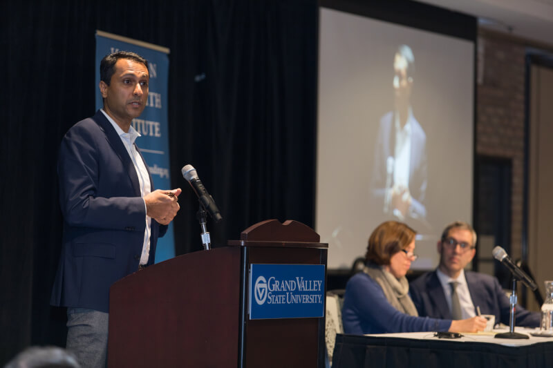 Eboo Patel, founder and president of Interfaith Youth Core, presenting the Muslim perspective to the conference's thematic question.