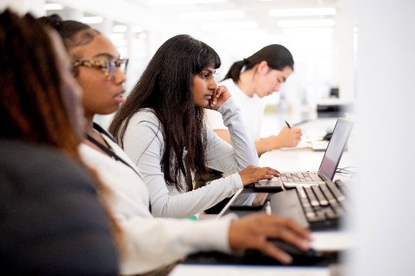 Three students sit in a row and work on laptops on a project. 