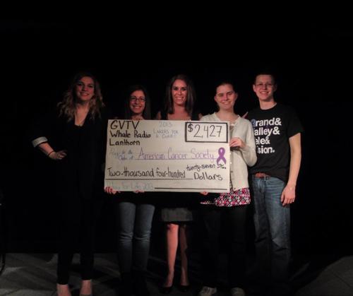 Telethon participants, left to right: Jamie Bartkowicz GVTV station manager; Christina Choriatis; Courtney Miller, CAC president; Jessica Cook, and Bobby Nielsen,GVTV news director