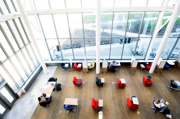 An overhead image of a the inside of the Mary Idema Pew Library.
