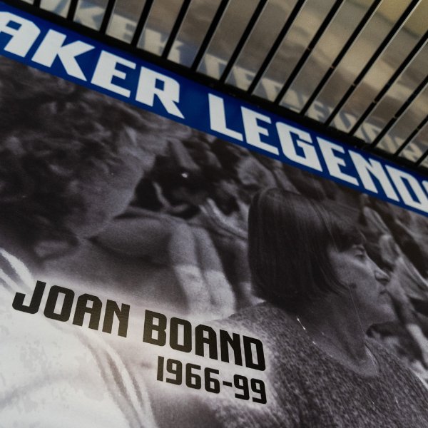 Wall of champions in the Fieldhouse with coach Joan Boand pictured; Laker Legends, Joan Boand 1966-99
