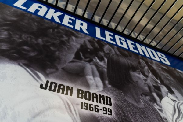 wall of champions with Joan Boand's photo and words, Laker Legends Joan Boand 1966-99