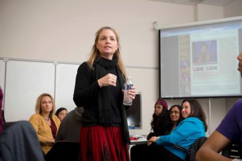 Lisa Perhamus, assistant professor of education, leads a Teach-In session March 26 at the Mary Idema Pew Library.