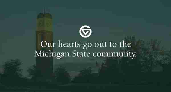 The carillon is shown with a green overlay, the GVSU logo and the words, "Our hearts go out to the Michigan State community."