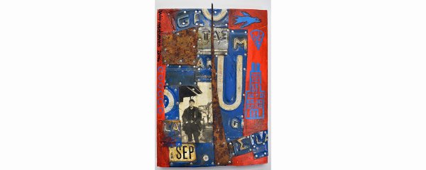 A mixed media art pieces using pieces of license plates, a photo, drawings and nails
