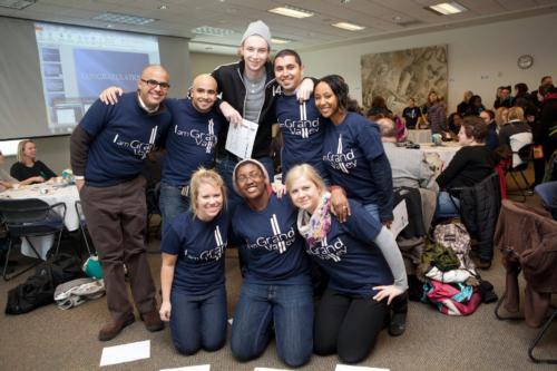 Students in their T-shirts at last year's reception.