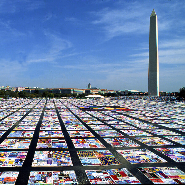 pieces of AIDS quilt on ground in Washington, D.C.