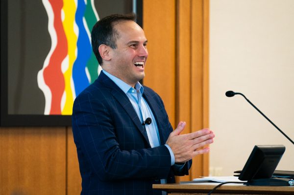 Aaron Radelet speaks with students during Meijer Lecture Series