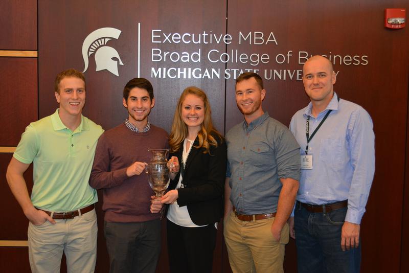 Student winners are, from left, Daniel Coblentz, Scott Dion, Rachel Travis, Ryan Davis and Anton Fenik, assistant professor of marketing.