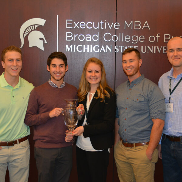 Student winners are, from left, Daniel Coblentz, Scott Dion, Rachel Travis, Ryan Davis and Anton Fenik, assistant professor of marketing.