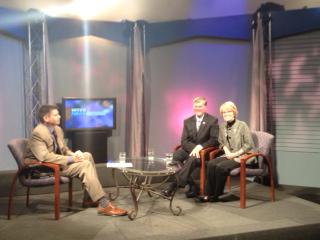President Haas and University of Michigan President Mary Sue Coleman on the set of Newsmakers with Patrick Center.