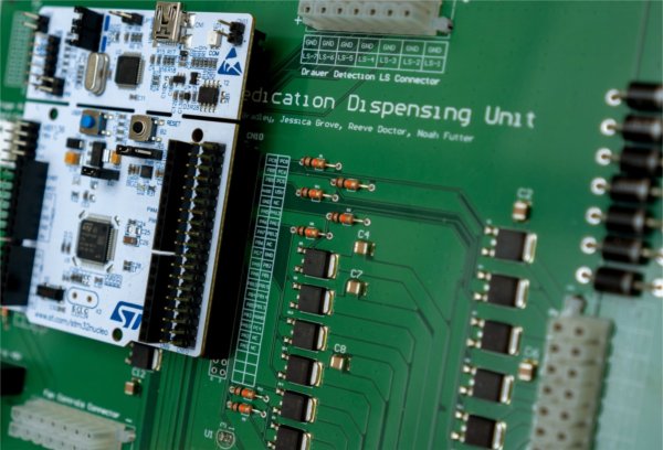 The printed circuit board is pictured. It is the 'brains' of the enclosure that a group of engineering students are making for the Interprofessional Simulation Center.