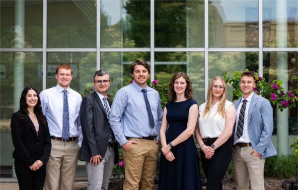 From left are engineering students Rhianna Ruzza, Nathaniel Brinks, associate professor of engineering Ali Olcay, Reeve Doctor, Aliece Bradley, Jessica Grove and Noah Futter. 