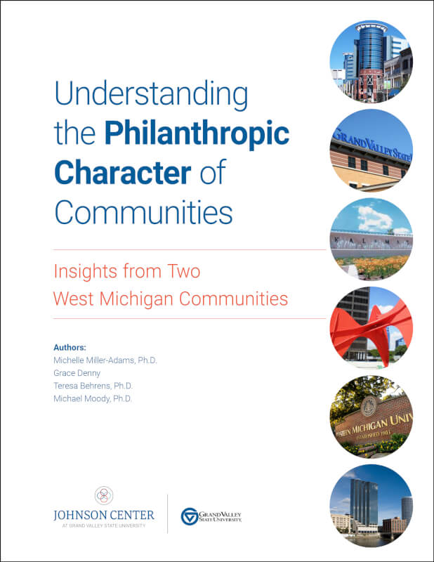The cover page of the philanthropic character of communities report by the Johnson Center