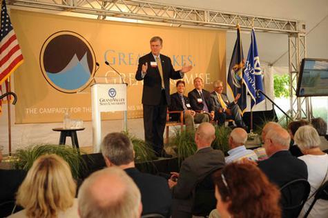 Grand Valley President Thomas J. Haas addresses supporters at the Field Research Station preview.