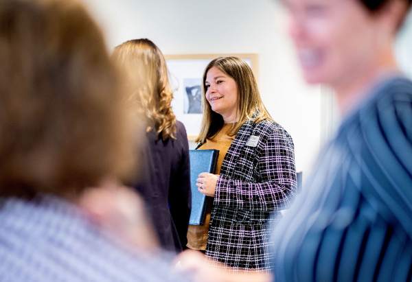 Kate Harmon, GVSU acting assistant vice president for Student Affairs, prepares to give remarks during an open house celebration for the GVSU Campus Health Center in Allendale. 