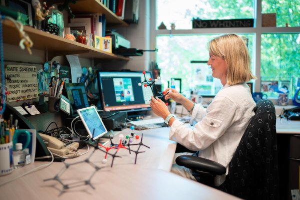 Laurie Witucki teaches an organic chemistry class virtually from her office.