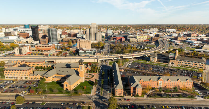 Aerial photo of the Pew Grand Rapids Campus.