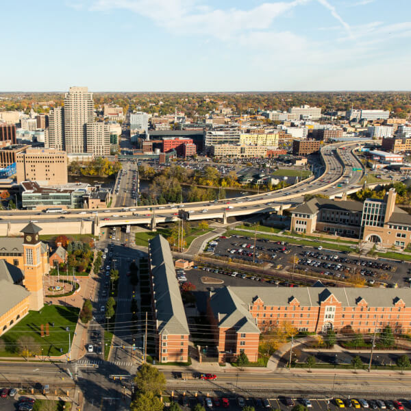 Aerial photo of the Pew Grand Rapids Campus.
