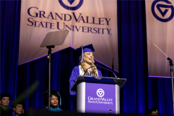 Student speaker, Megan Smith, addresses the crowd at the Fall 2023 commencement ceremony.