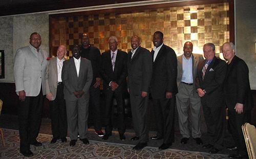From left are Clemon Johnson, John Kilbourne, Franklin Edwards, Moses Malone, Julius Erving, Earl Cureton, Reggie Johnson, Clint Richardson, John Nash (assistant general manager) and Pat Williams, general manager.